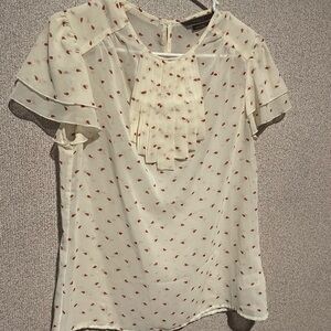 To the Max‎ Cream and Red Ruffled Bib Collar Blouse